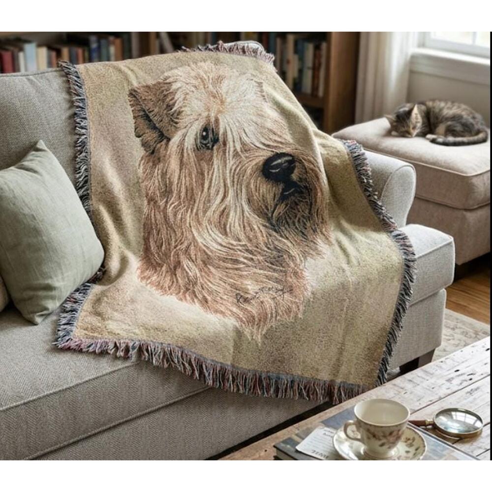 Vintage Linda Picken Wheaten Terrier Dog Tapestry Throw Blanket Fringe Cotton US
